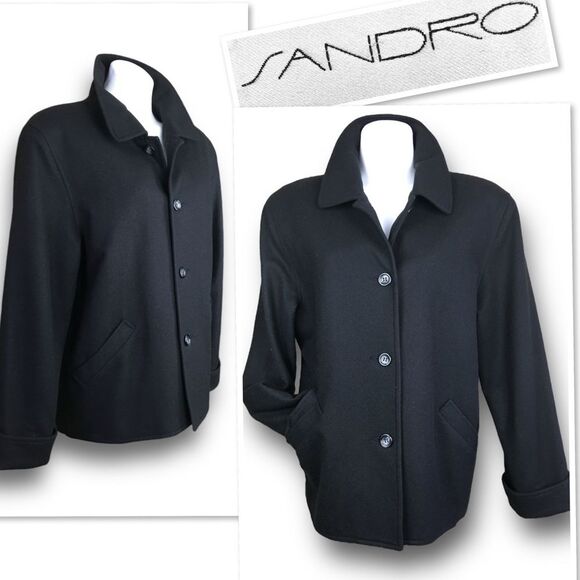 SANDRO Paris 100% Wool Classic Lightweight Shirt-collar Coat In Deep Black Sz 12 - Picture 3 of 14